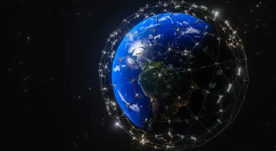 Ziemia otoczona siecią satelitów Starlink, symbolizującą globalny zasięg i prędkość internetu.