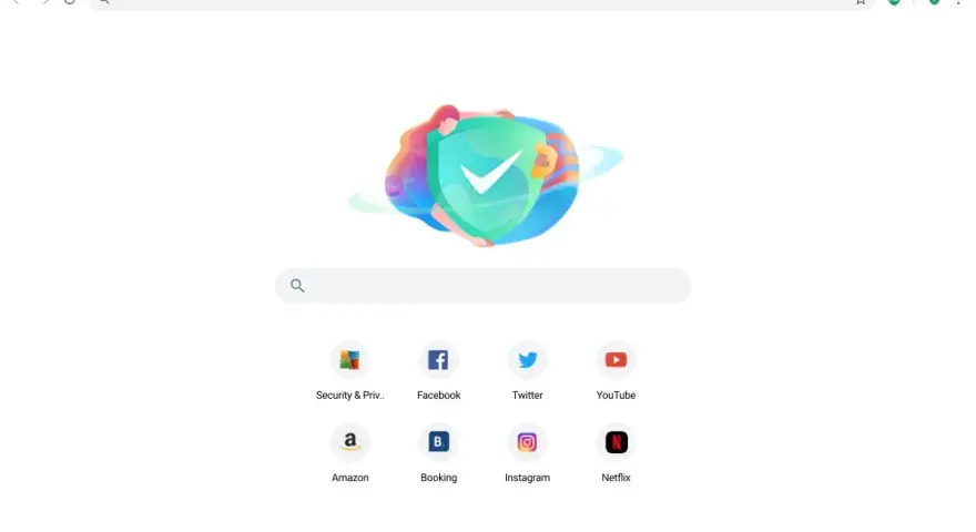 Grafika przedstawia tarczę z zaznaczeniem, symbolizującą bezpieczeństwo w przeglądarce. Ikony popularnych stron jak Facebook, YouTube, Amazon sugerują, że to avg secure browser.