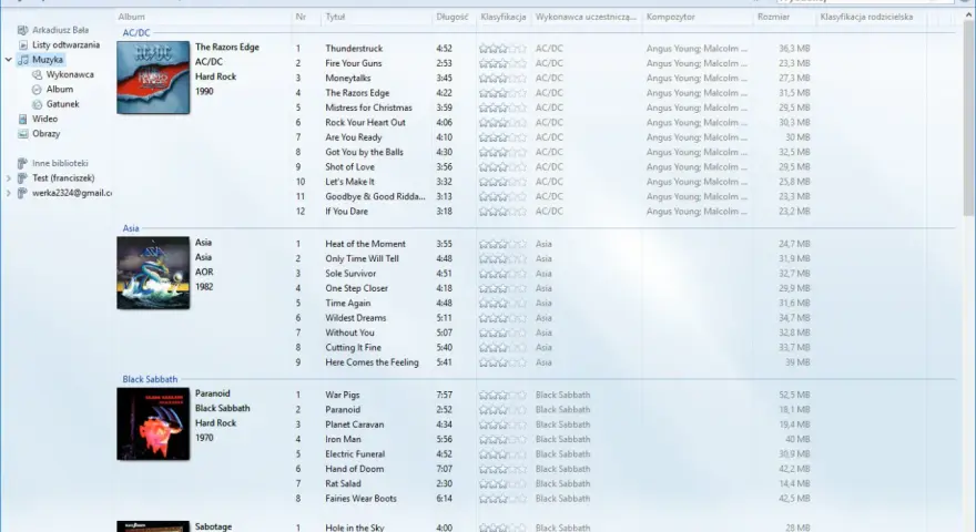 Windows Media Player z listą utworów AC/DC, Asia i Black Sabbath.