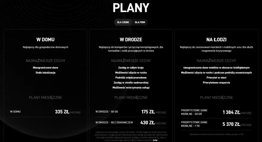 Porównanie planów Starlink: "W domu" za 335 zł, "W drodze" od 175 zł, "Na łodzi" od 1384 zł. Sprawdź, ile kosztuje Starlink dla Ciebie.