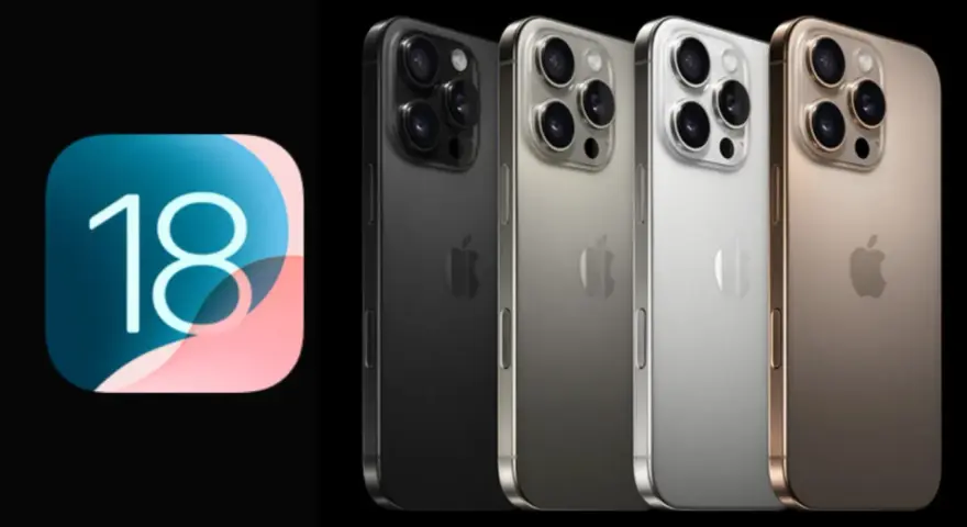 Ikona z cyfrą 18 i cztery iPhone'y w różnych kolorach: czarny, srebrny, biały i złoty. Nadchodzi iOS 18.