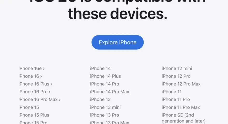 Lista urządzeń kompatybilnych z iOS 26, od iPhone'a 16e do iPhone'a SE (2. generacji).