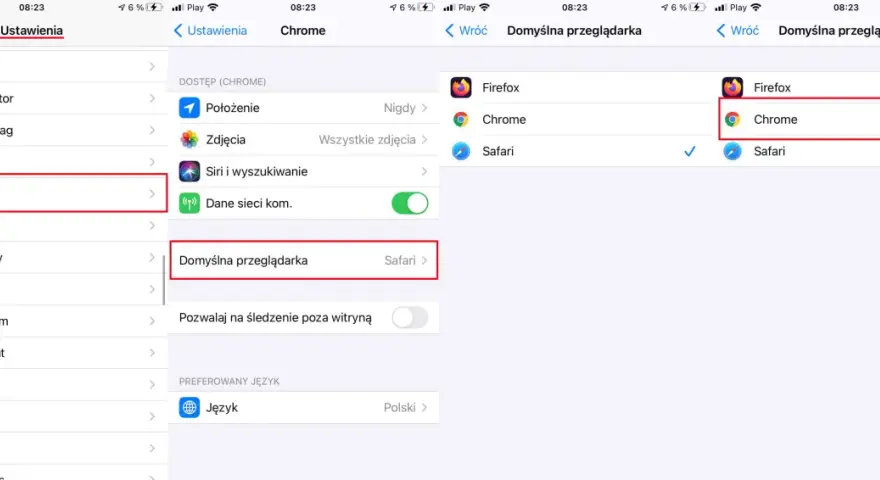 Ekran ustawień telefonu z zaznaczonym wyborem Chrome jako domyślnej przeglądarki.