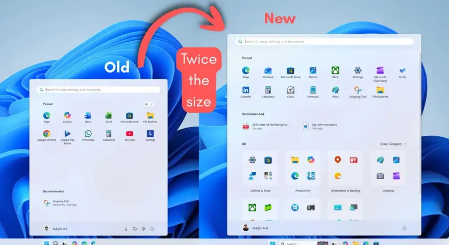 Porównanie menu startowego Windows 11: stare, mniejsze, z ikonami aplikacji i polem wyszukiwania, kontra nowe, dwa razy większe, z większą liczbą opcji i rekomendacjami.