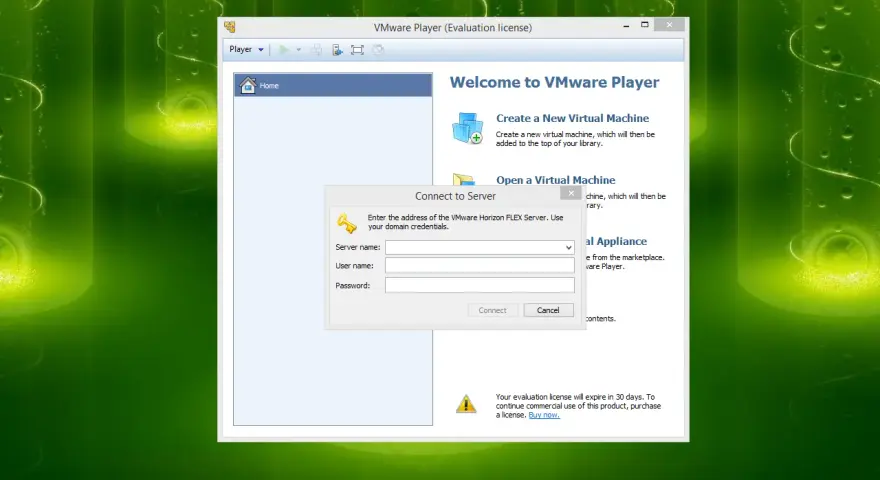 Okno programu VMware Player z prośbą o podanie danych logowania do serwera.