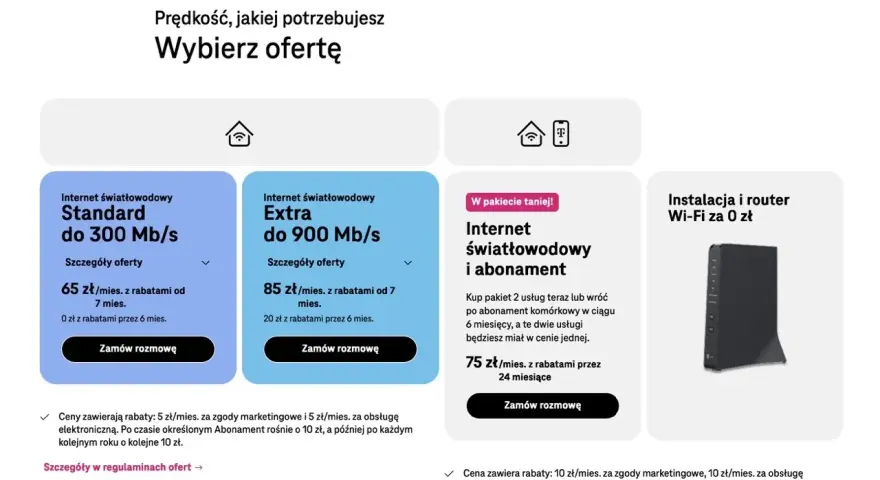 Pakiety t mobile: Internet światłowodowy Standard do 300 Mb/s za 65 zł/mies. i Extra do 900 Mb/s za 85 zł/mies. Dostępne też pakiety z abonamentem.