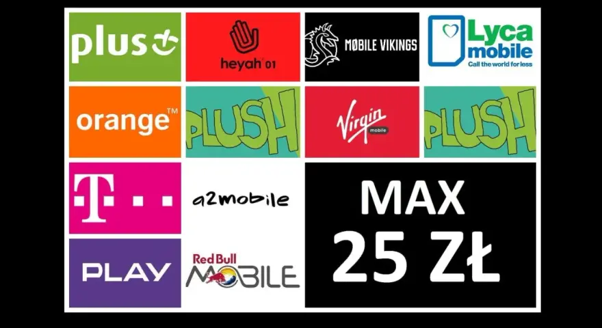 T-Mobile na kartę za 25 zł. Obok loga T-Mobile widnieją inne marki: Plus, Heyah, Mobile Vikings, Lyca mobile, Orange, Plush, Virgin mobile, a2mobile, Play, Red Bull Mobile.