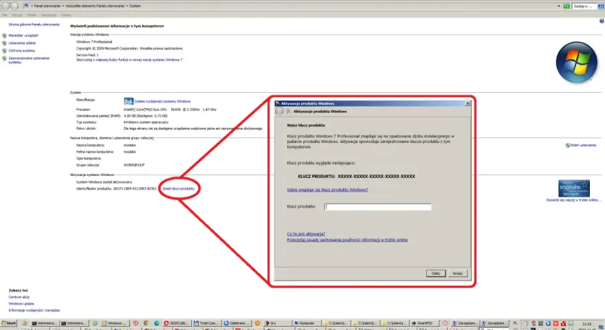 Okno aktywacji produktu Windows 7 z polem do wpisania klucza produktu.