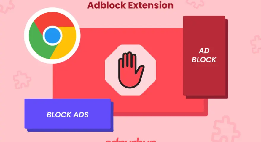 Logo Chrome, symbol stop i napis "Adblock Extension" sugerują przeglądarkę bez reklam.