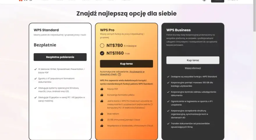 Wybierz pakiet WPS: Standard (bezpłatny), Pro (więcej funkcji) lub Business (korporacyjny). Znajdź idealne rozwiązanie dla siebie.