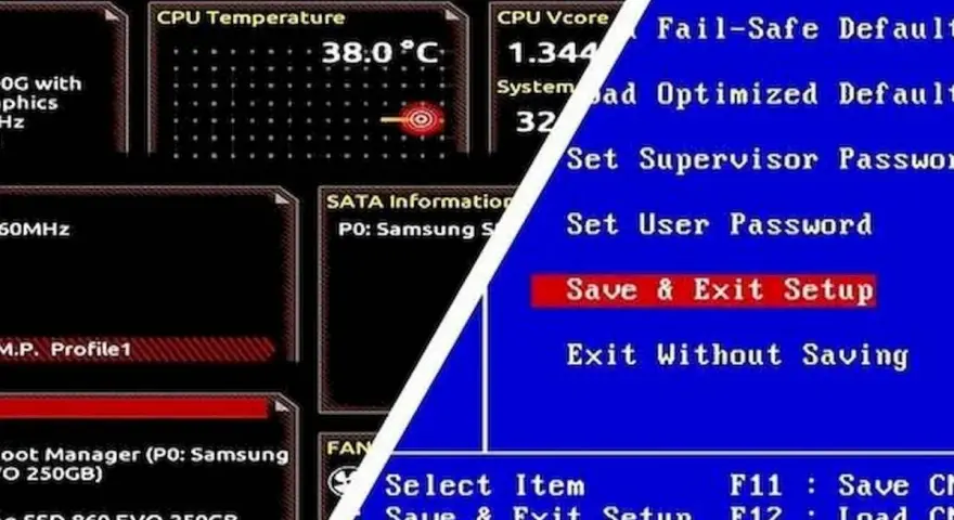 BIOS z opcją "Save & Exit Setup", przypominający interfejs aktualizacji systemu Lenovo.