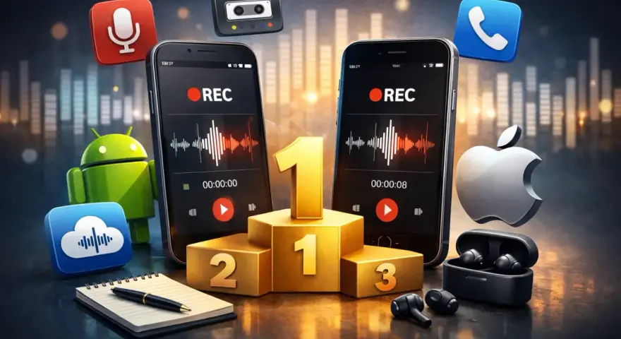 Najlepsza aplikacja do nagrywania rozmów na Androida i iOS. Ikony symbolizują funkcje, a podium nagrodę.