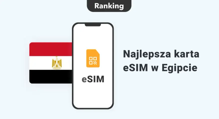 Ranking najlepszej karty eSIM w Egipcie. Flaga Egiptu i smartfon z ikoną eSIM.