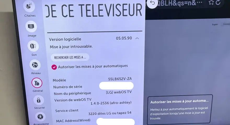 Ekran telewizora LG z menu ustawień, widoczne opcje: Sieć, Ogólne, Bezpieczeństwo.