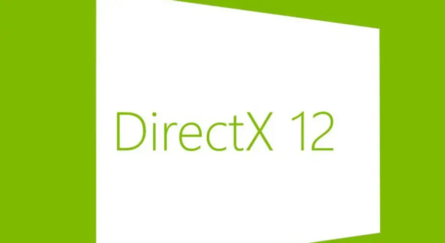 Zielony prostokąt z białym polem i napisem DirectX 12. Nowoczesna grafika, która zapowiada lepszą wydajność w grach.