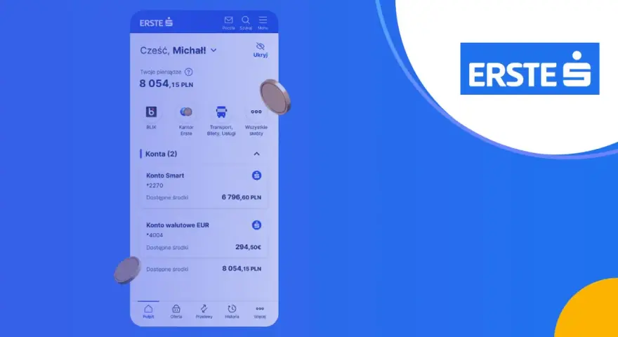 Zarządzaj finansami z aplikacją mobilną Erste. Sprawdź saldo konta Smart i walutowego, wykonuj przelewy i korzystaj z BLIK.