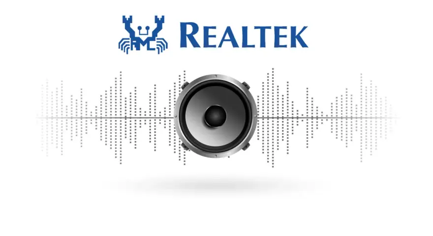 Logo Realtek z głośnikiem i wykresem dźwiękowym. Sterowanie dźwiękiem Realtek.