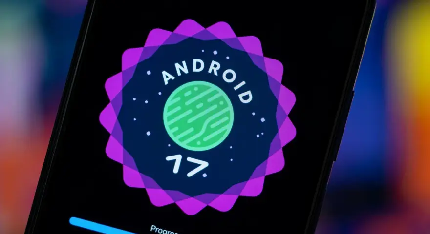 Logo Android 17 na ekranie telefonu, zapowiadające nowe wersje androida. Postęp aktualizacji w toku.