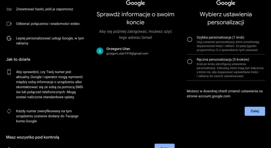 Ekran konfiguracji konta Google. Wybierz, jak założyć konto Google i spersonalizować ustawienia.