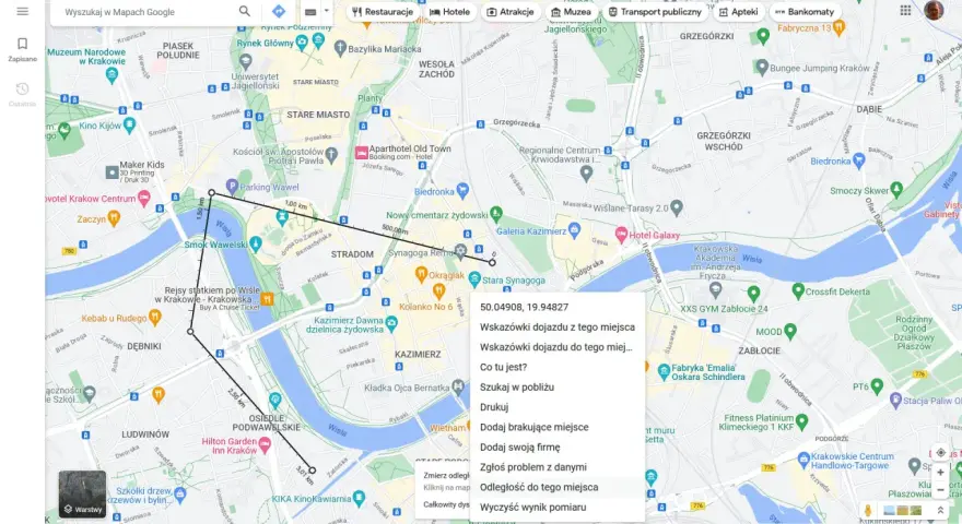 Jak zmierzyć odległość na mapie Google? Kliknij "Odległość do tego miejsca", by poznać dystans między punktami na mapie Krakowa.