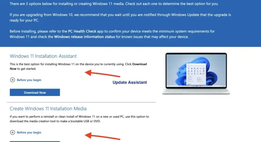 Strona pobierania Windows 11. Dostępne opcje to Asystent Instalacji i Narzędzie do tworzenia nośnika, ułatwiające aktualizację systemu.
