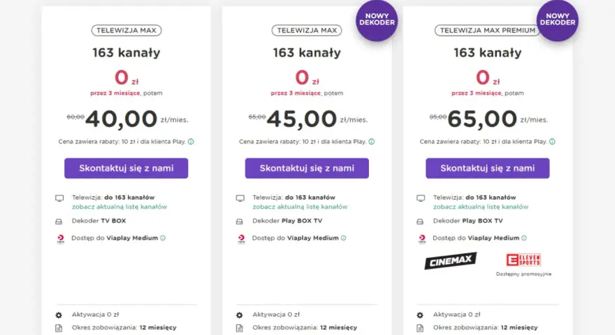 Oferty Play: Telewizja Max z 163 kanałami za 40 zł/mies., Max z dekoderem za 45 zł/mies. i Max Premium za 65 zł/mies. Sprawdź nasze upc pakiety!
