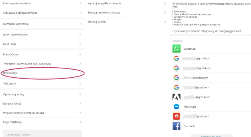 Szukasz sposobu, jak usunąć konto na Gmail? Na ekranie widać opcję "Resetowanie" w ustawieniach telefonu, która może pomóc w usunięciu kont.