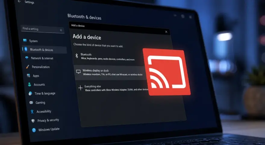 Ustawienia Windows 11: dodawanie urządzenia bezprzewodowego, np. przez Miracast.