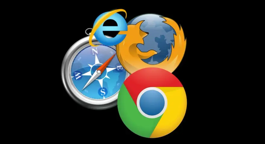 Ikony przeglądarek Internet Explorer, Firefox, Chrome i kompas na czarnym tle.