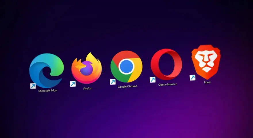 Ikony najpopularniejszych przeglądarek internetowych: Microsoft Edge, Firefox, Google Chrome, Opera i Brave.