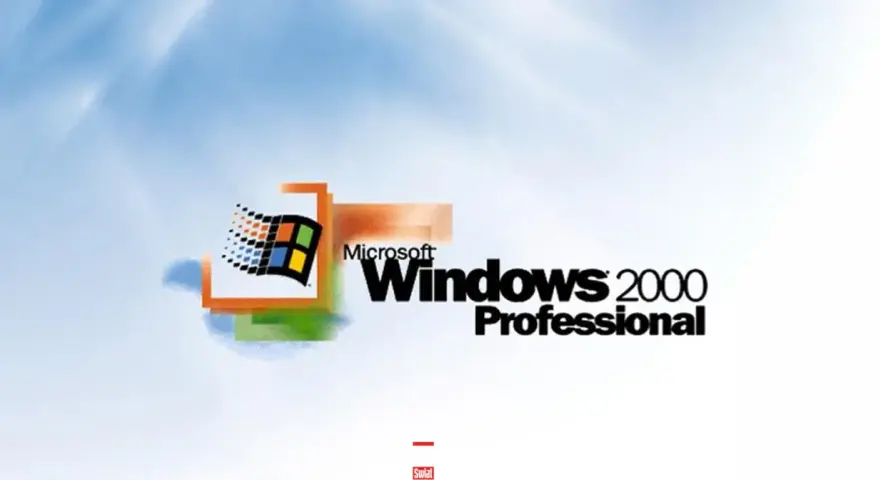 Logo Microsoft Windows 2000 Professional na tle błękitnego nieba z chmurami.