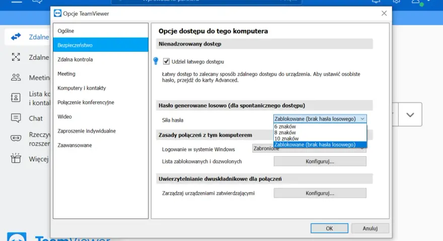 Ustawienia TeamViewer: opcje bezpieczeństwa, hasło generowane losowo, zasady połączeń.