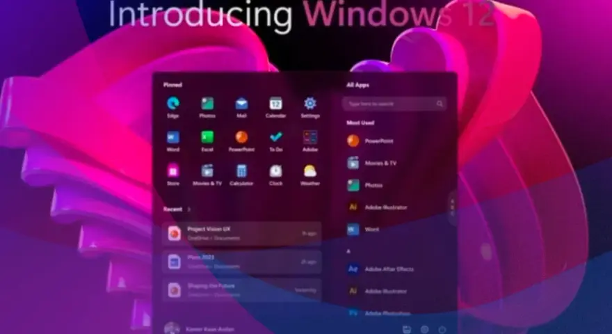 Witaj w świecie, gdzie **kiedy Windows 12** staje się rzeczywistością. Widok menu start z ikonami aplikacji i ostatnio używanymi plikami na tle fioletowo-różowych, falujących kształtów.