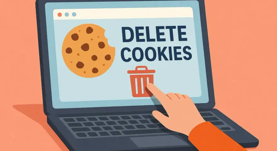 Ręka klika ikonę kosza na śmieci na ekranie laptopa z napisem "DELETE COOKIES" i ciasteczkiem. Dowiedz się, jak usunąć pliki cookies.