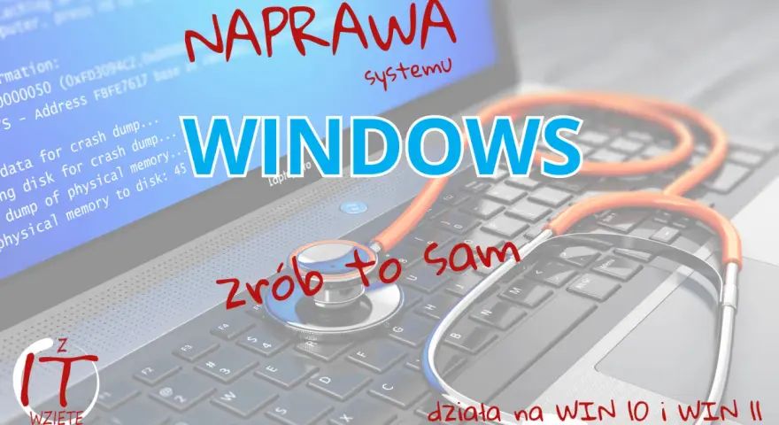 NAPRAWA systemu WINDOWS. Stetoskop na klawiaturze sugeruje, że możesz sam naprawić problemy, jakbyś diagnozował komputer. Działa na WIN 10 i WIN II.