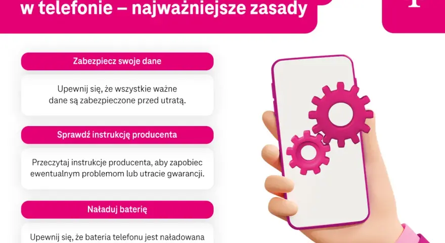 Przywracanie ustawień fabrycznych telefonu: zabezpiecz dane, sprawdź instrukcję, naładuj baterię. Zębatki na ekranie symbolizują proces.