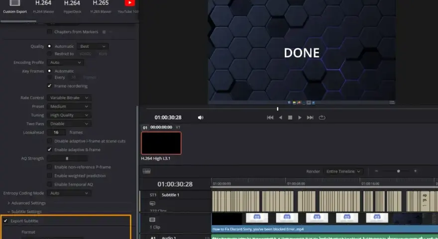 Ustawienia eksportu w DaVinci Resolve po polsku: zaznaczono opcję "Export Subtitle" i format "Burn into video".