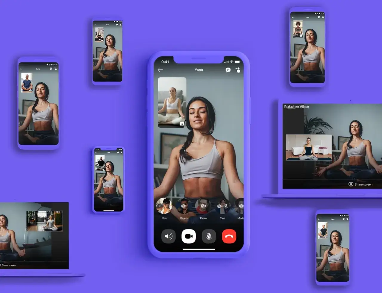 Wiele ekranów pokazuje rozmowę wideo na Viberze. Kobieta medytuje, a inni uczestnicy dołączają do lekcji jogi. Viber co to? Aplikacja do komunikacji.