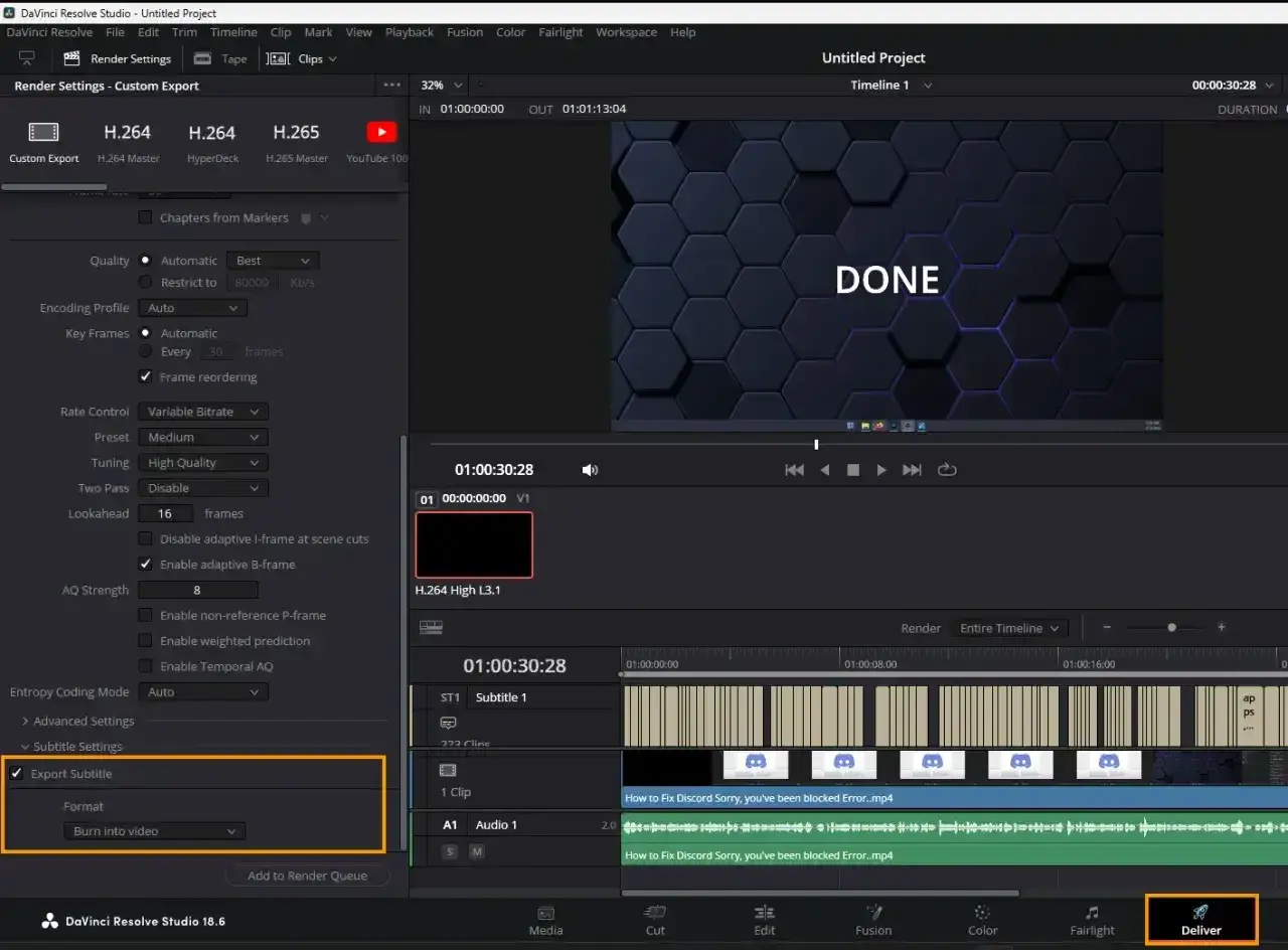 Ustawienia eksportu w DaVinci Resolve po polsku: zaznaczono 