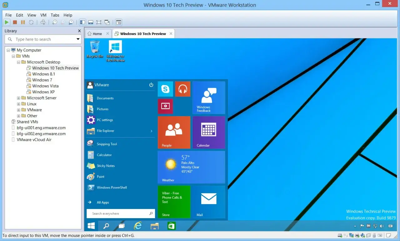 Windows 10 Tech Preview uruchomiony w VMware Workstation. Widoczny pulpit, menu Start z kafelkami i pasek zadań.