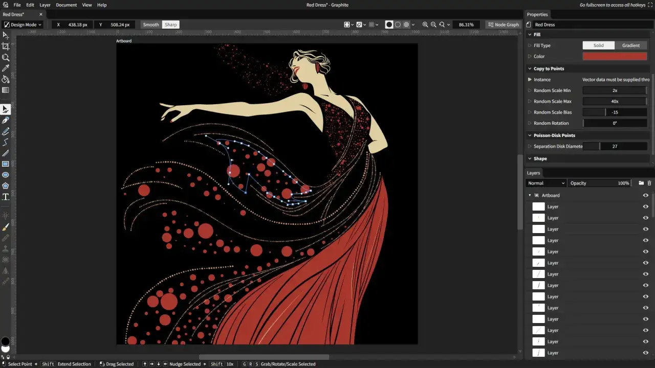 Grafika przedstawia kobietę w czerwonej sukni, stworzoną w programie podobnym do adobe illustrator free.