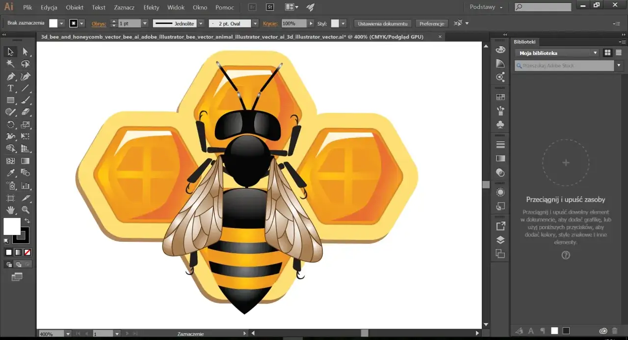 Pszczoła na plastrze miodu, stworzona w programie Adobe Illustrator.