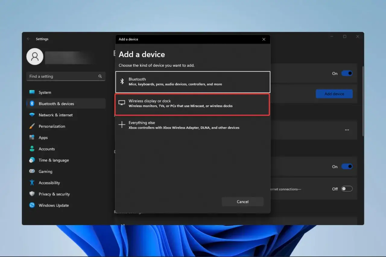 Ustawienia Windows 11: dodawanie bezprzewodowego wyświetlacza lub stacji dokującej, która obsługuje Miracast.