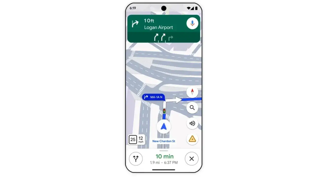 Aplikacja Google Maps pokazuje trasę do lotniska Logan. Nawigacja prowadzi przez miasto, z informacją o 10 minutach do celu.