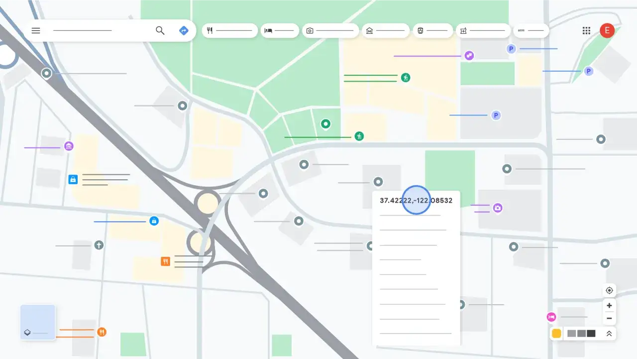Widok mapy z zaznaczonymi google maps współrzędne: 37.42222,-122.08532. Widać autostradę, budynki i ikony miejsc.