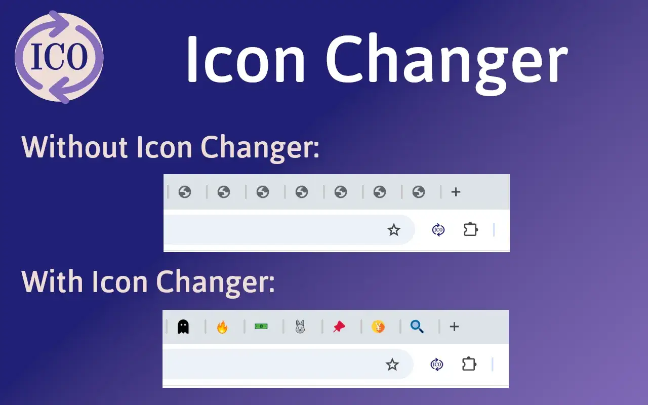 Ikony kart w przeglądarce Chrome przed i po użyciu rozszerzenia Icon Changer. Zobacz, jak łatwo spersonalizować wygląd!