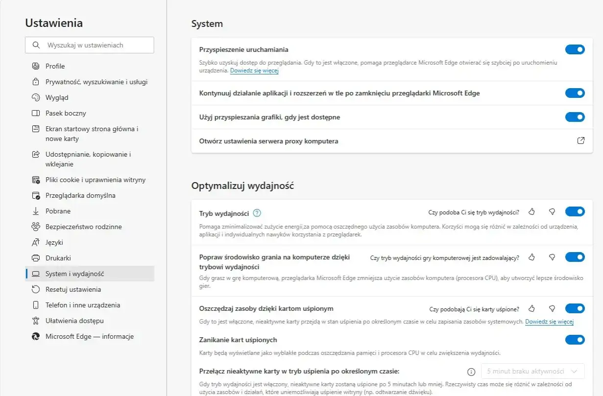 Ustawienia systemu w przeglądarce Microsoft Edge. Opcje optymalizacji wydajności, w tym tryb wydajności i zarządzanie kartami.