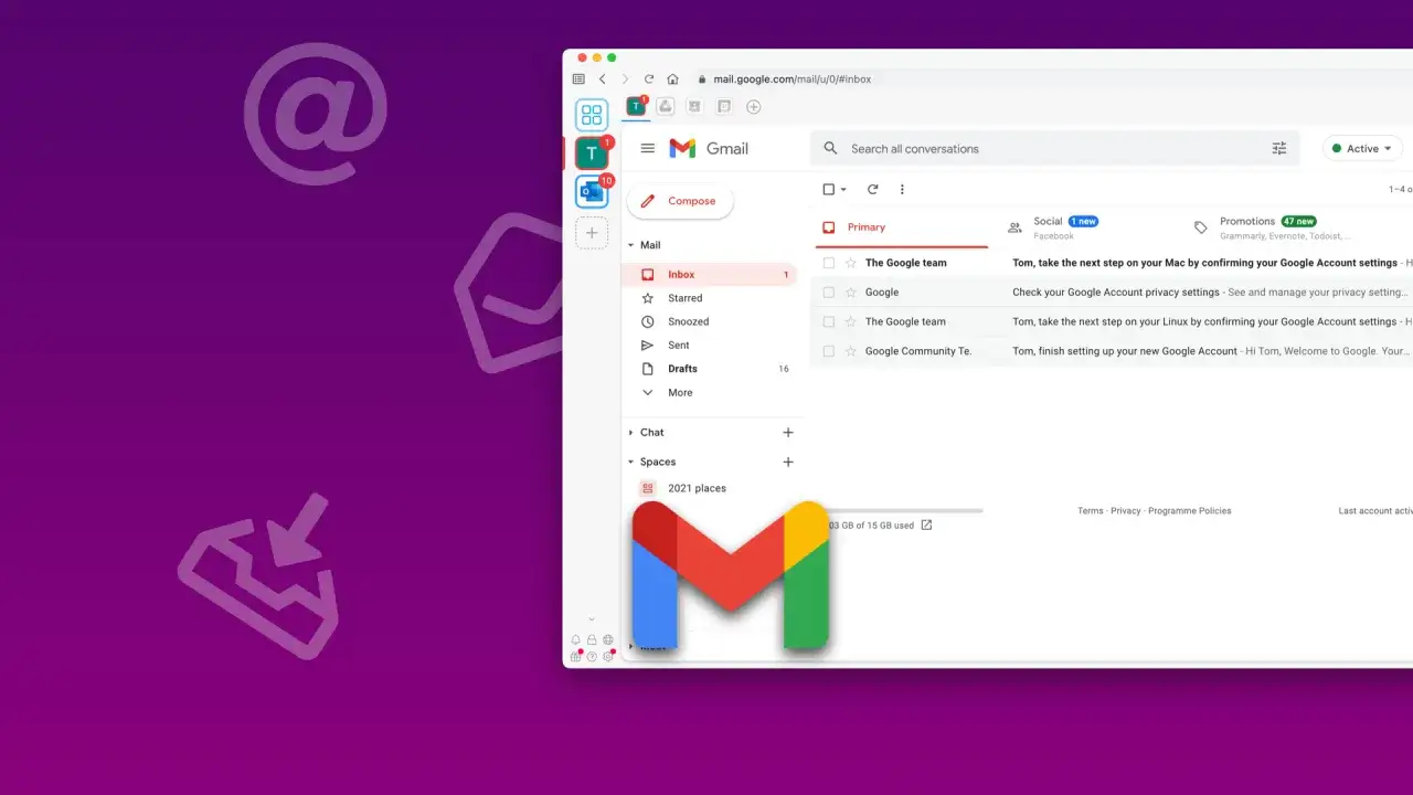 Jak sprawdzić pocztę Gmail? Widok skrzynki odbiorczej Gmail z widocznymi mailami i menu po lewej stronie.
