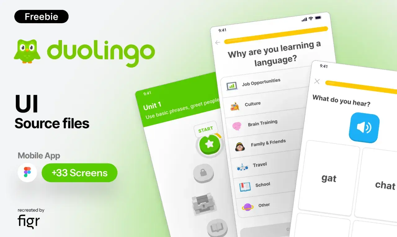 Ekran aplikacji Duolingo z opcjami nauki języków. Czy warto uczyć się z Duolingo? Sprawdź UI Source files.
