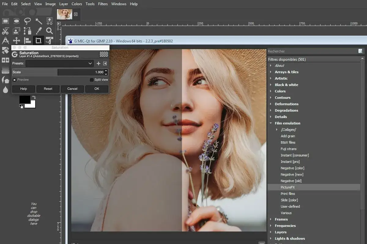 Edycja zdjęcia w GIMP, darmowej alternatywie dla Lightroom. Okno nasycenia pozwala na dostosowanie kolorów.